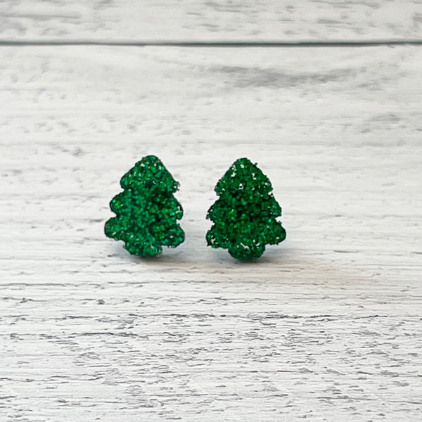 Green Glitter Christmas Tree Stud Earrings