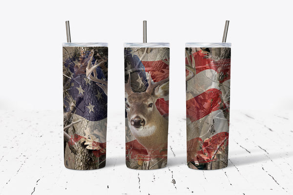 Camo Deer Flag - 20oz Tumbler - With Straw - Stainless Steel - Gift