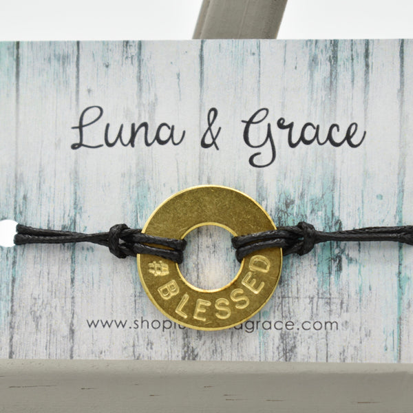 Hashtag Blessed - Intention Word - Bracelet - Brass Token - Black String - Women's Gifts