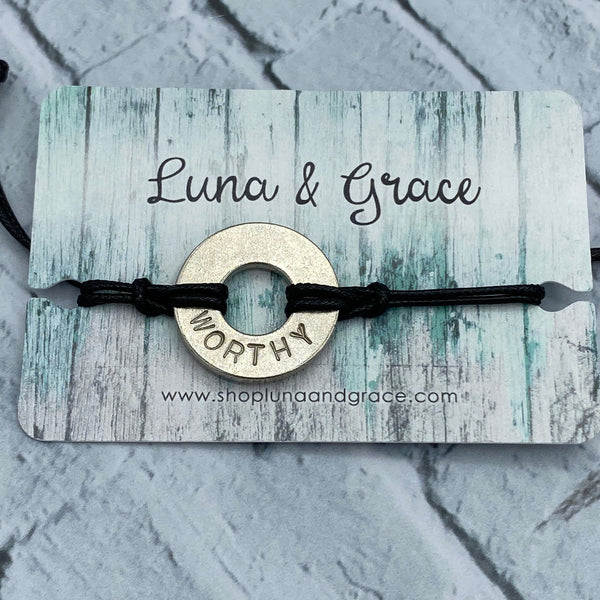 Worthy - Intention Word -Hand Stamped -  Bracelet - Nickel Token - Black String - Women's Gifts