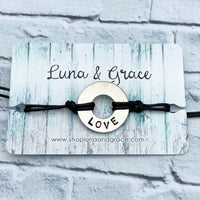 Love - Intention Word -Hand Stamped -  Bracelet - Nickel Token - Black String - Women's Gifts