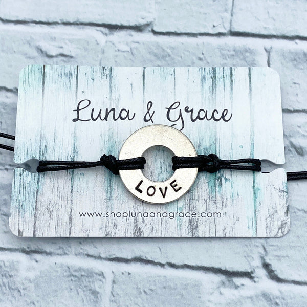 Love - Intention Word -Hand Stamped -  Bracelet - Nickel Token - Black String - Women's Gifts