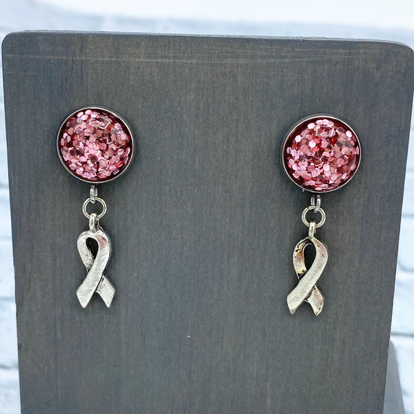12mm - Pink Glitter - Cabochon - Ribbon - Stainless Steel - Earring Stud - Women's Gifts - Luna & Grace
