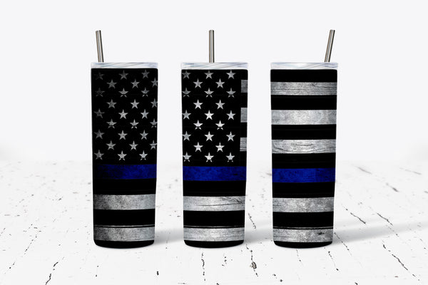 Thin Blue Line - Flag - 20oz Tumbler - With Straw - Stainless Steel - Police Gift