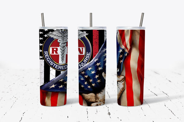 RN - Nurse - Flag - 20oz Tumbler - With Straw - Stainless Steel - Nurse Gifts