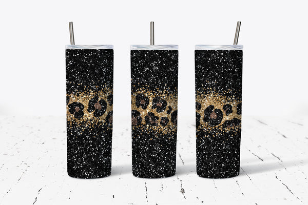 Black Glitter Leopard - 20oz Tumbler - With Straw - Stainless Steel - Womens Gift