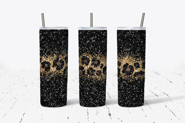 Black Glitter Leopard - 20oz Tumbler - With Straw - Stainless Steel - Women's Gift