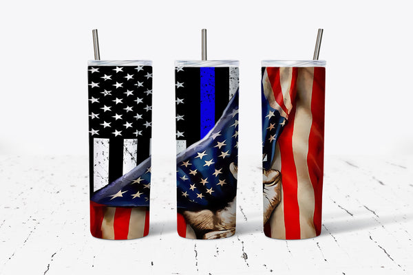 Police Officer - Thin Blue Line - Flag  - 20oz Tumbler - With Lid and Metal Straw - Stainless Steel - Law Enforcement Gift
