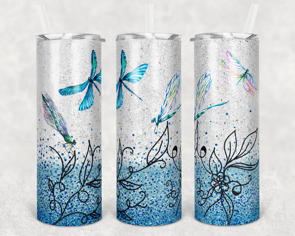 Dragonfly - Blue Glitter - 20oz Stainless Steel Tumbler - With Lid and Metal Straw