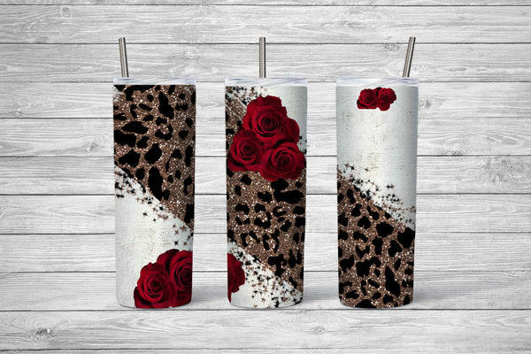 Leopard Rose - 20oz Tumbler - With Straw - Stainless Steel - Gift